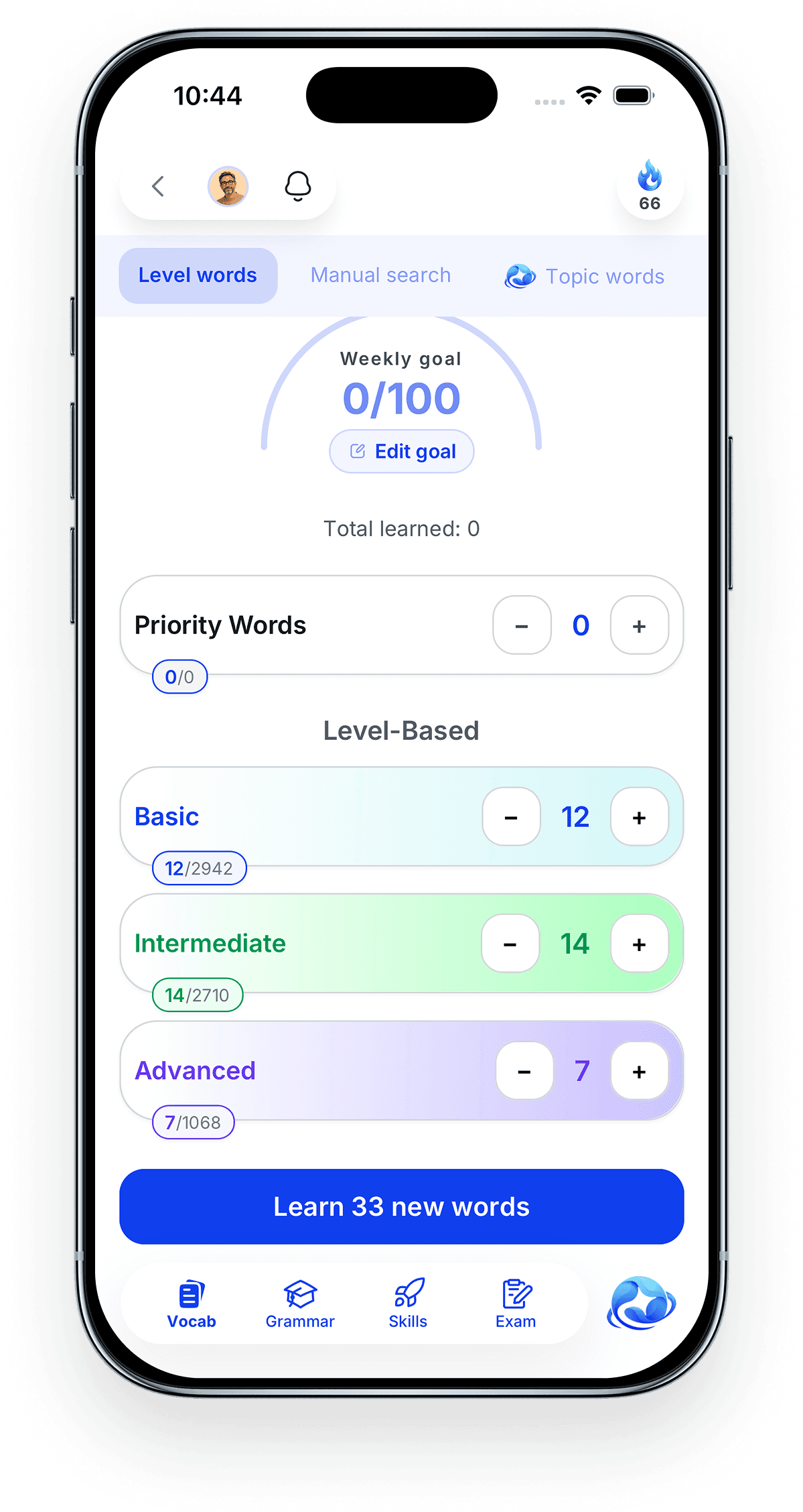 Pendorai level words screen with a weekly goal and per-level word counts