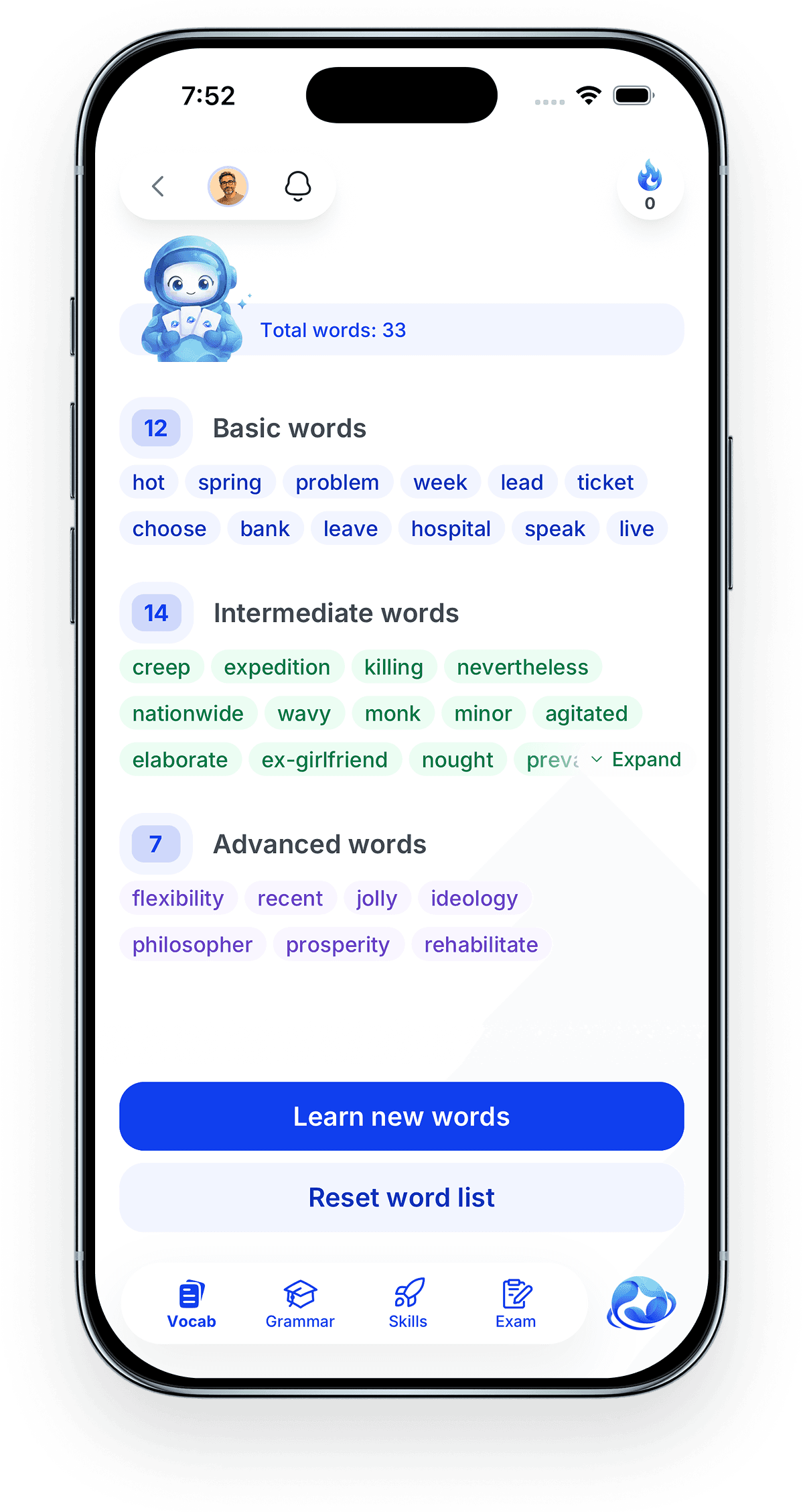 Pendorai screen listing the selected words grouped by level
