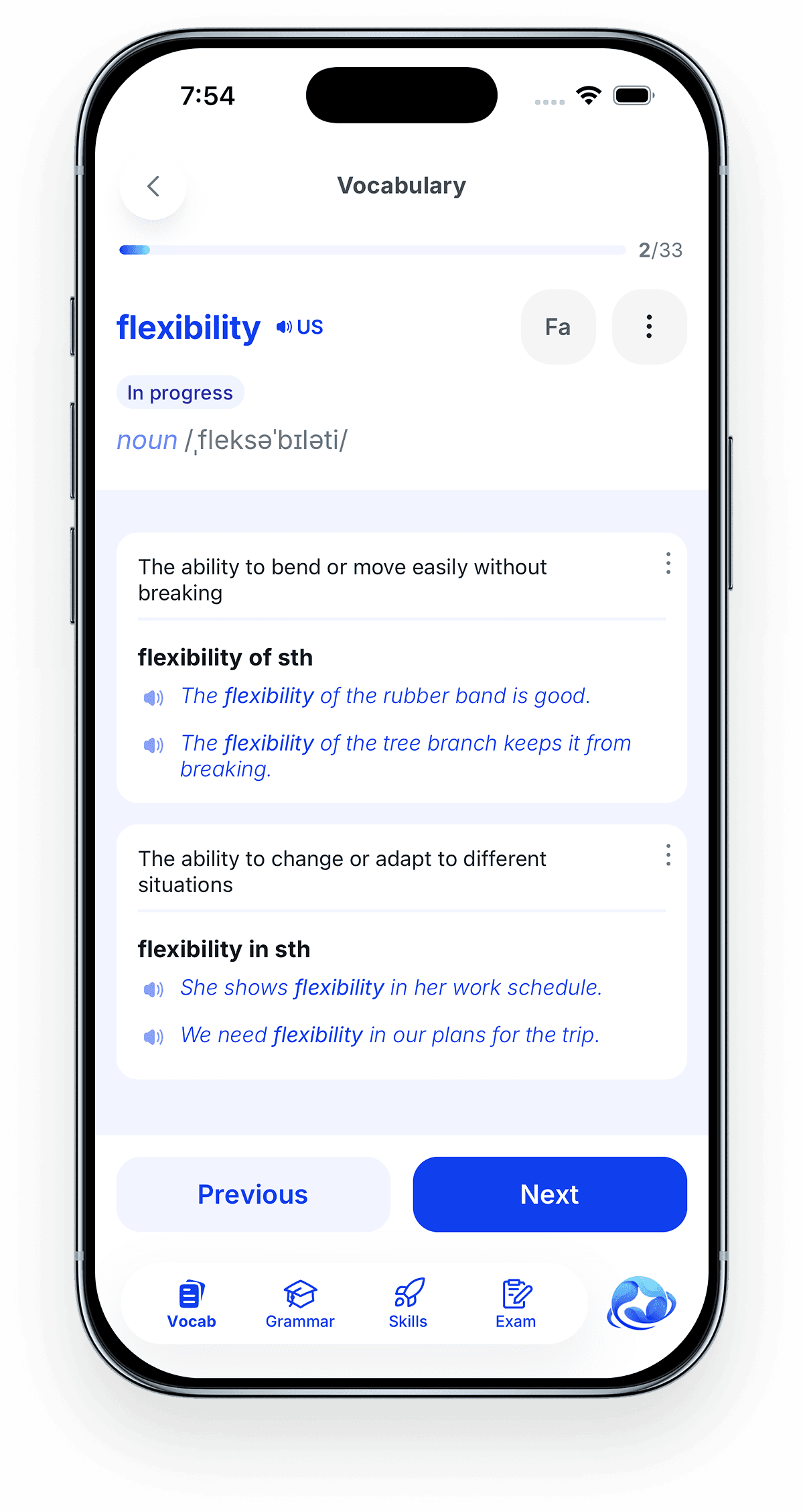 Pendorai vocabulary card for the word flexibility