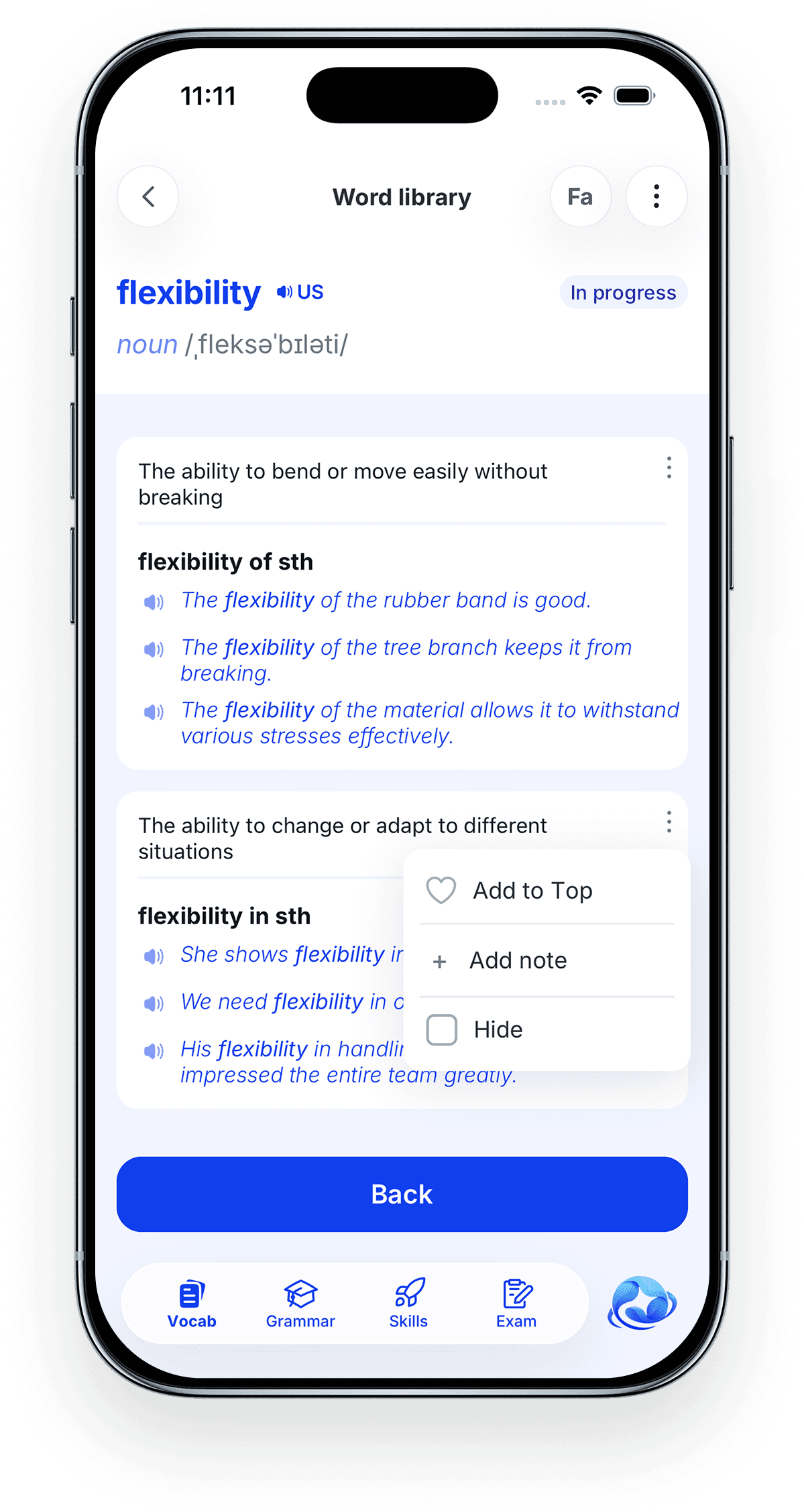 Pendorai word library entry with a menu to pin, note, or hide a definition