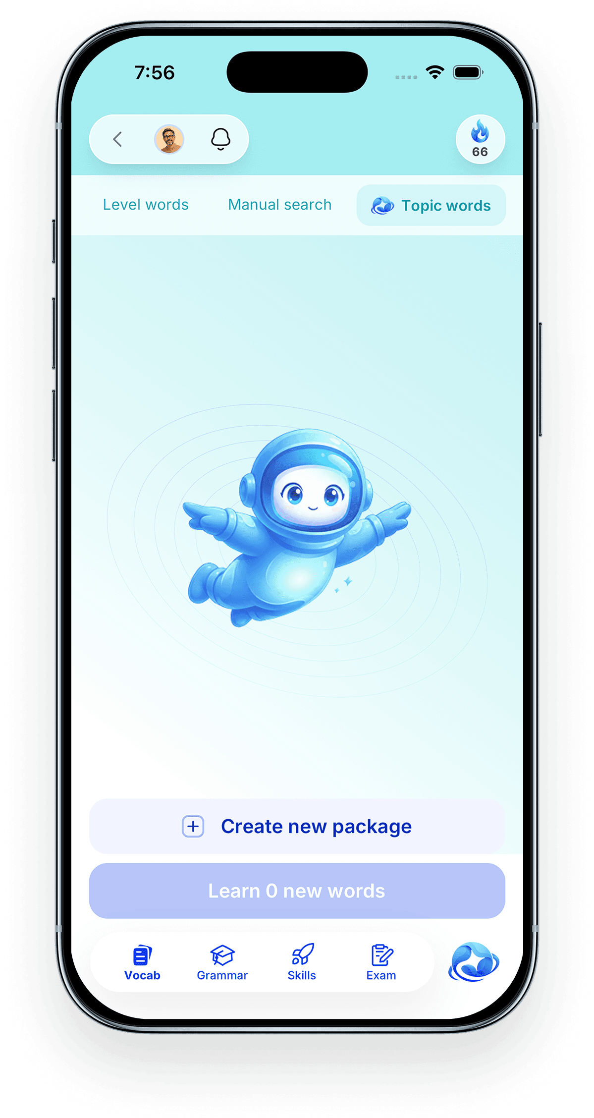 Pendorai topic words screen inviting you to create a new package