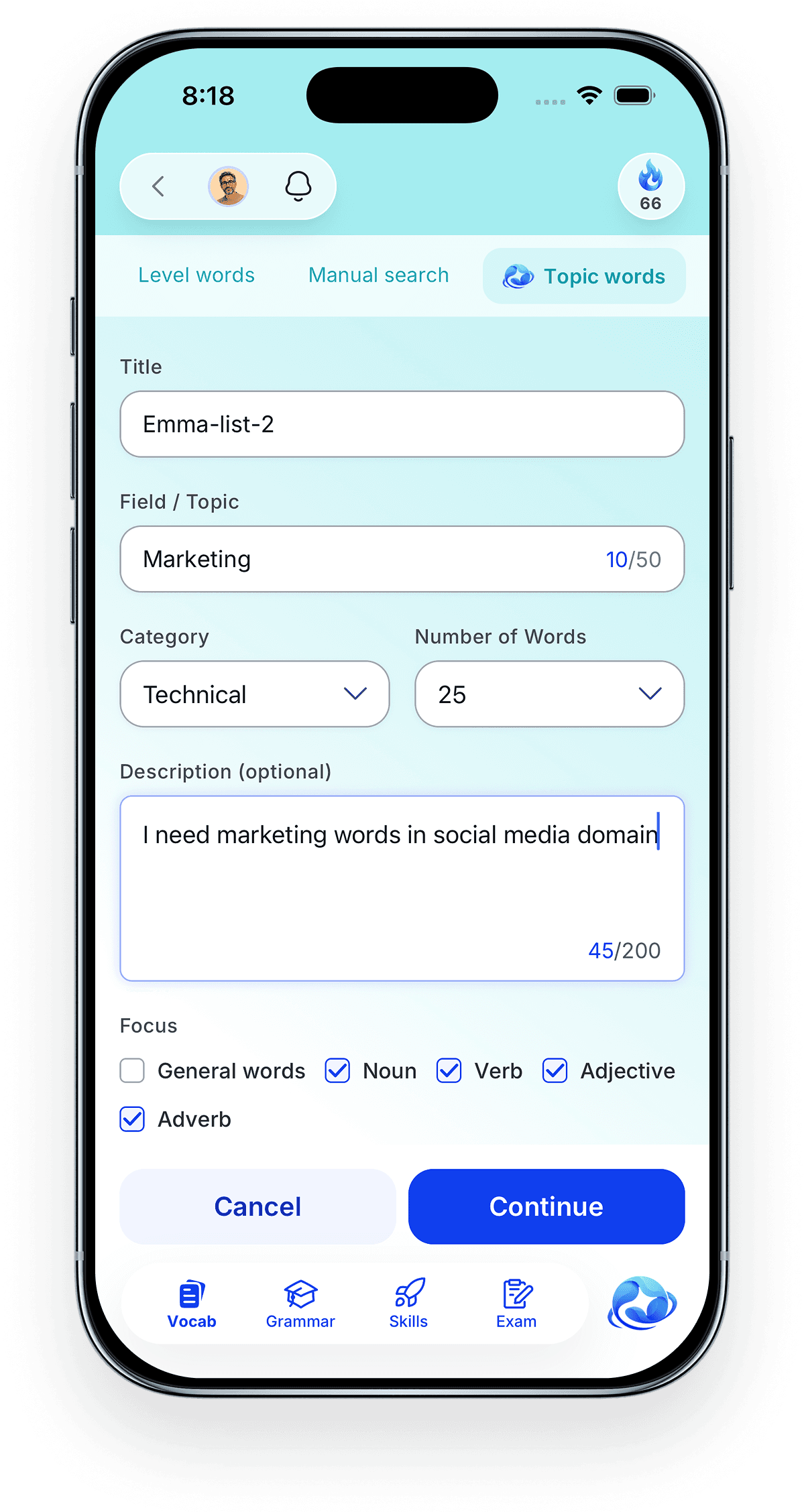 Pendorai form for creating a topic word package