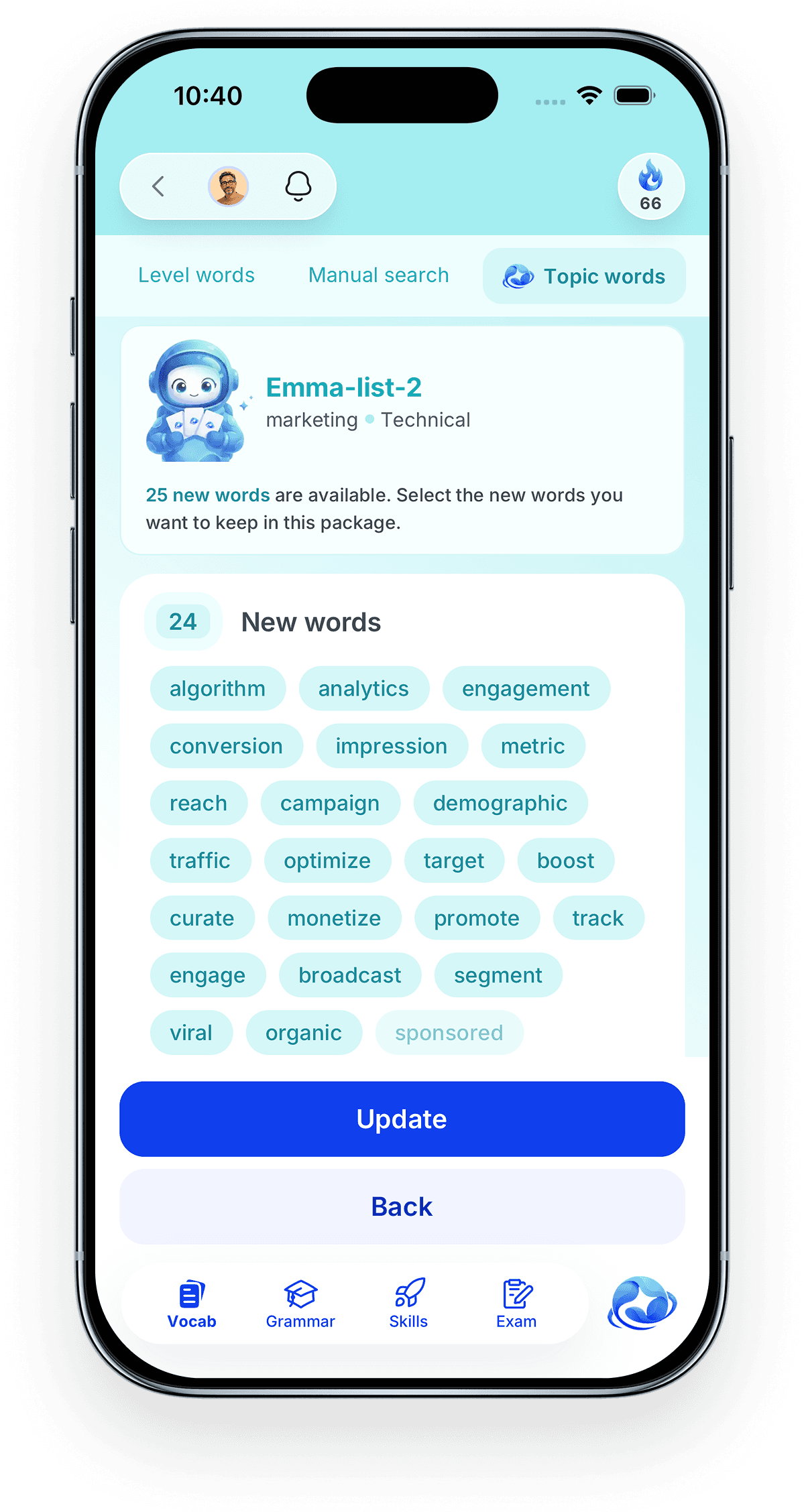 Pendorai screen showing generated topic words ready to be selected