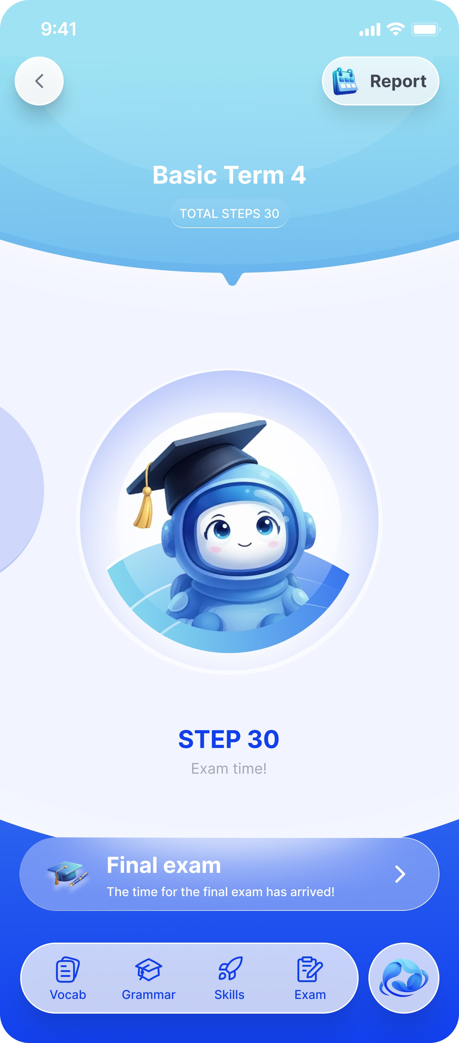 Pendorai final exam screen at the end of a term