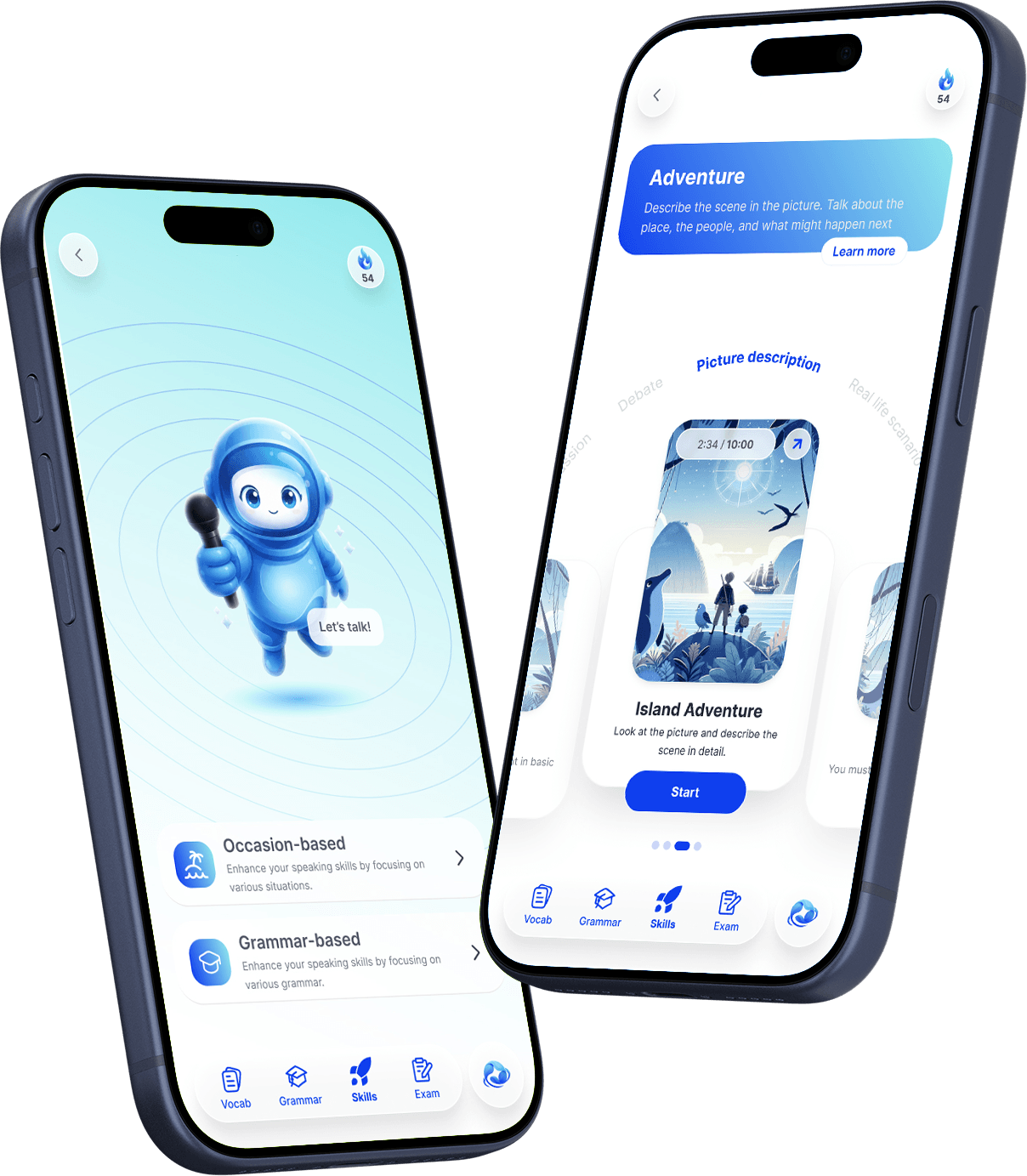 Speaking practice screens in the Pendorai app